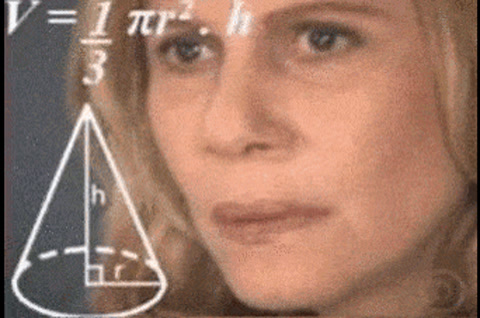 Mulher com equações matemáticas flutuando ao redor da cabeça tentando fazer uma conta impossível
